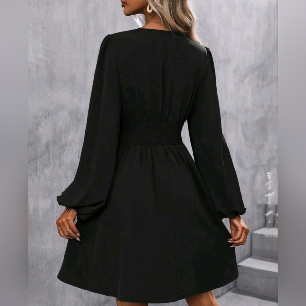 * NEW Chic Ruched Waist Lantern Sleeve Dress Black - Picture 4 of 12